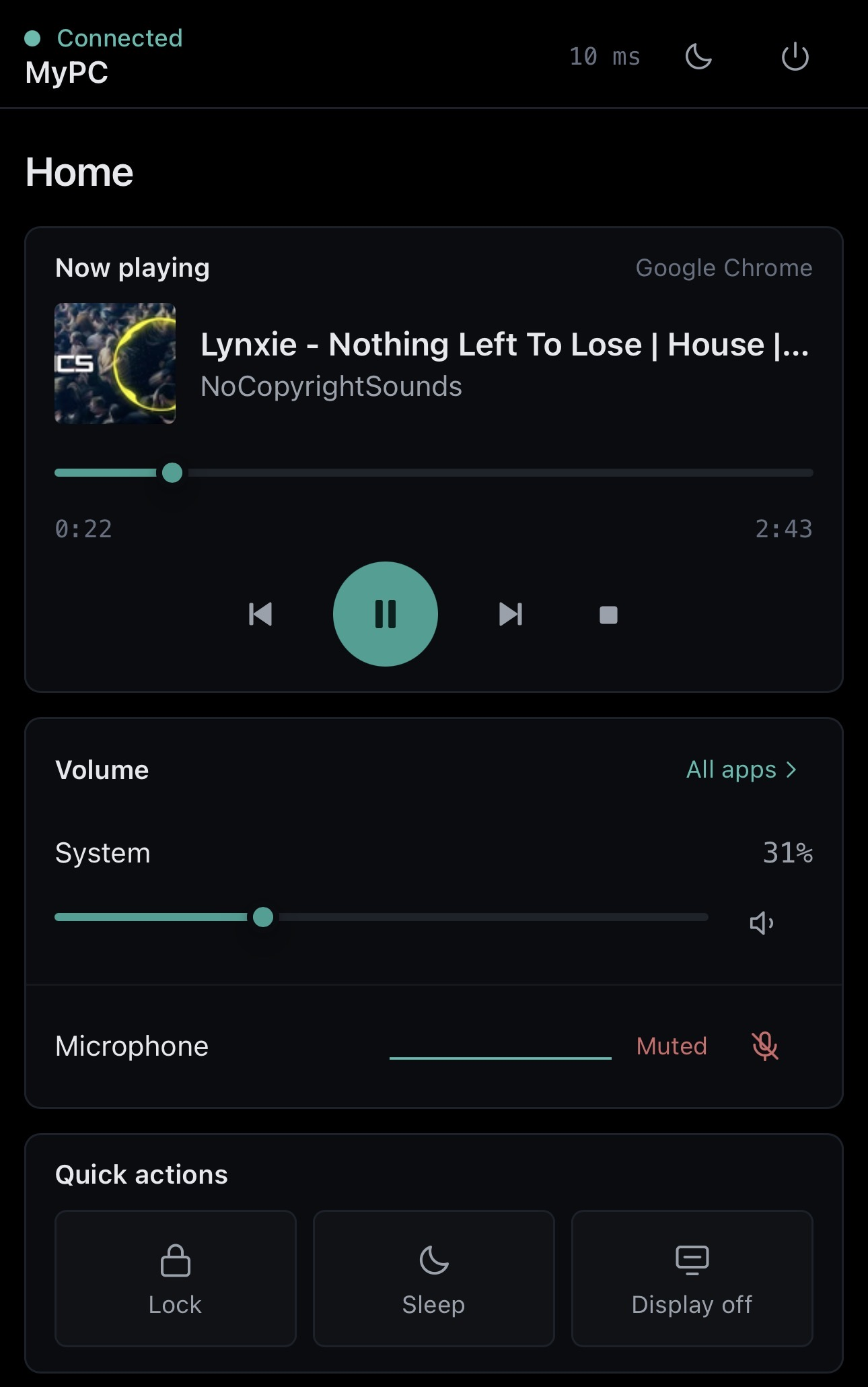 Remot on a phone, showing the track playing on the PC, the system volume and three quick actions